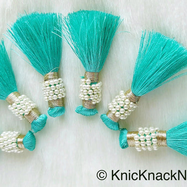 Various Colours Tassels With White Pearls Beads, Tassel Charms, Nylon Tassels x 6